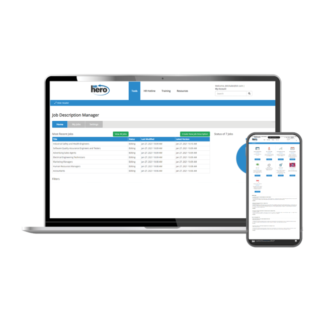 A computer and mobile device showing the Job Description manager online tool.