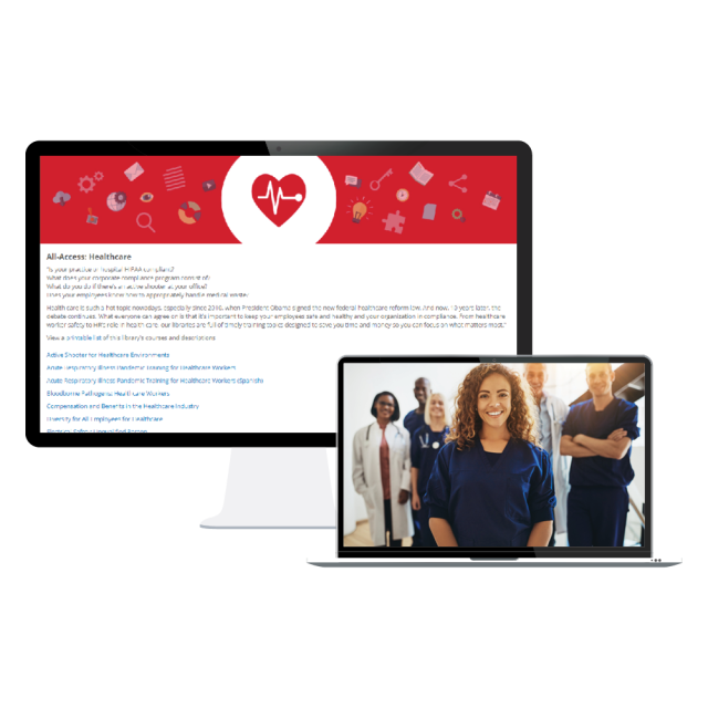 screen showing all access healthcare library and screen showing happy healthcare workers.