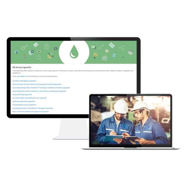 A computer monitor displays a course list of Spanish language training courses, and a laptop computer shows men working while wearing hardhats.