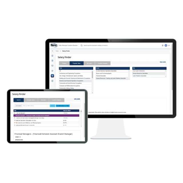 HR Hero Salary Finder tool displayed on laptop and mobile device.