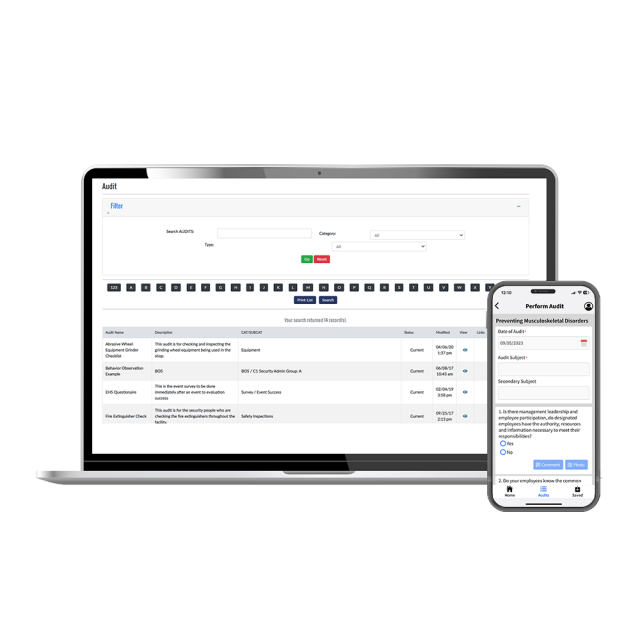 Audits and Inspections tool shown on a laptop and mobile device.
