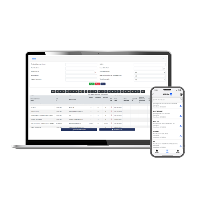 HazCom and SDS Management tool on laptop and mobile.