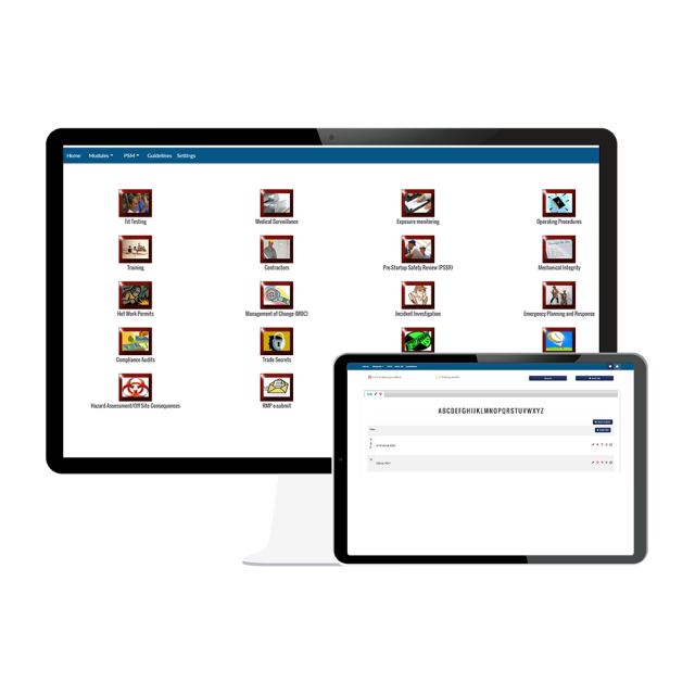 EHS Hero's Process Safety Management on monitor and tablet.