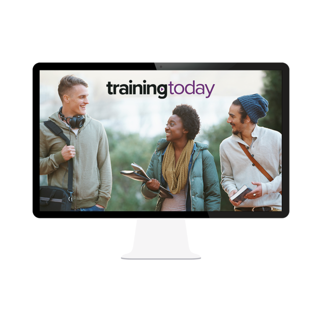 A computer showing students laughing while carrying class materials under the TrainingToday logo.