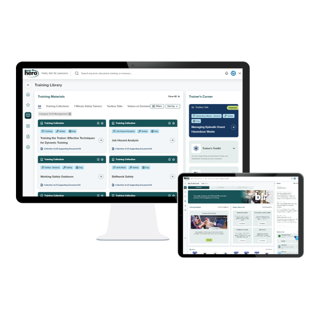 EHS Hero templates and resources shown on desktop and tablet.