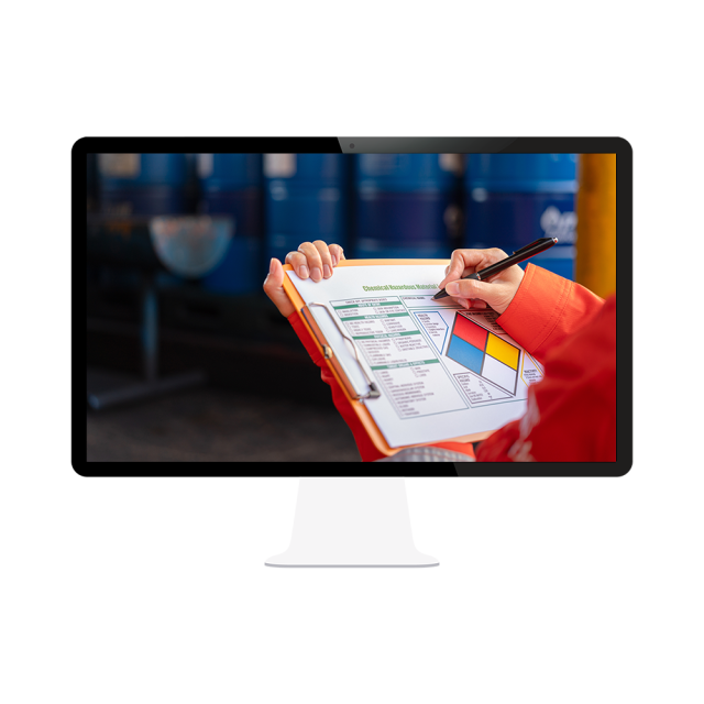 Computer displays a scene where a person in safety orange colored clothing writes on a safety check attached to a clipboard.