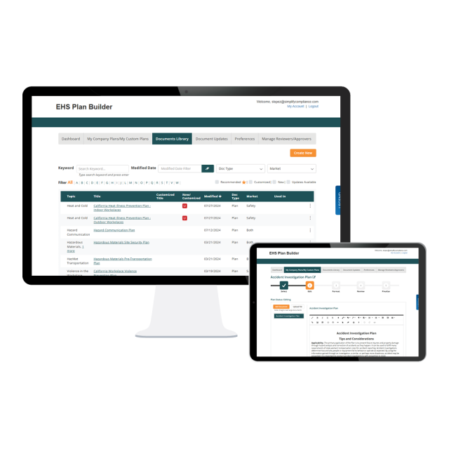 EHS Plan Builder tool shown with the document library on desktop and my custom plans on tablet.