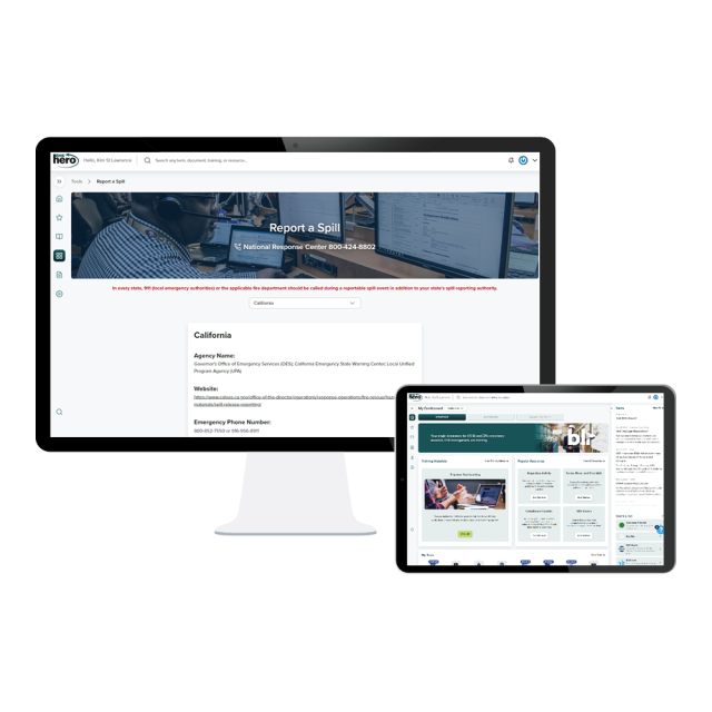 Desktop computer and mobile device display BLR's EHS Hero website and Report a Spill tool with resources including state-specific information like phone numbers, websites, and more.