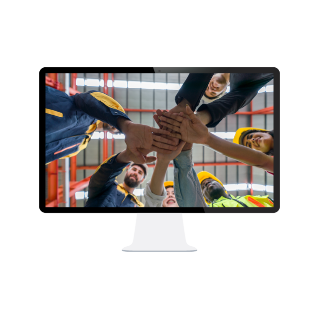 Group of factory workers in hard hats putting their hands together.