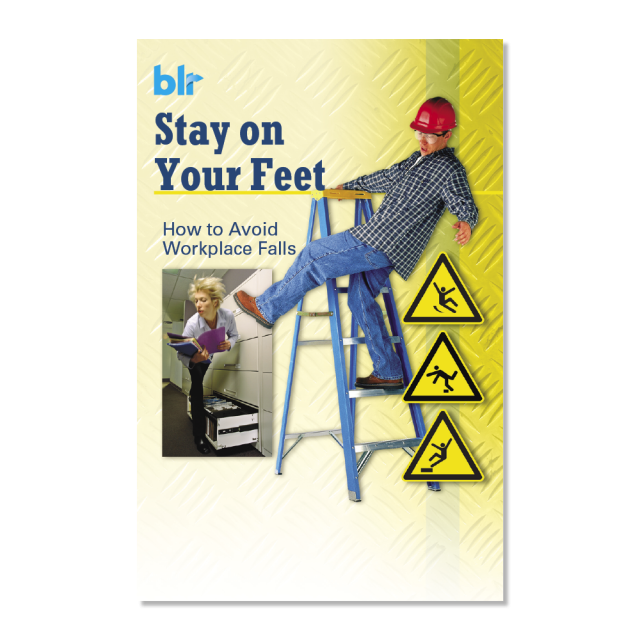 Man falling off ladder and woman tripping on an open file drawer showing workplace falls. 